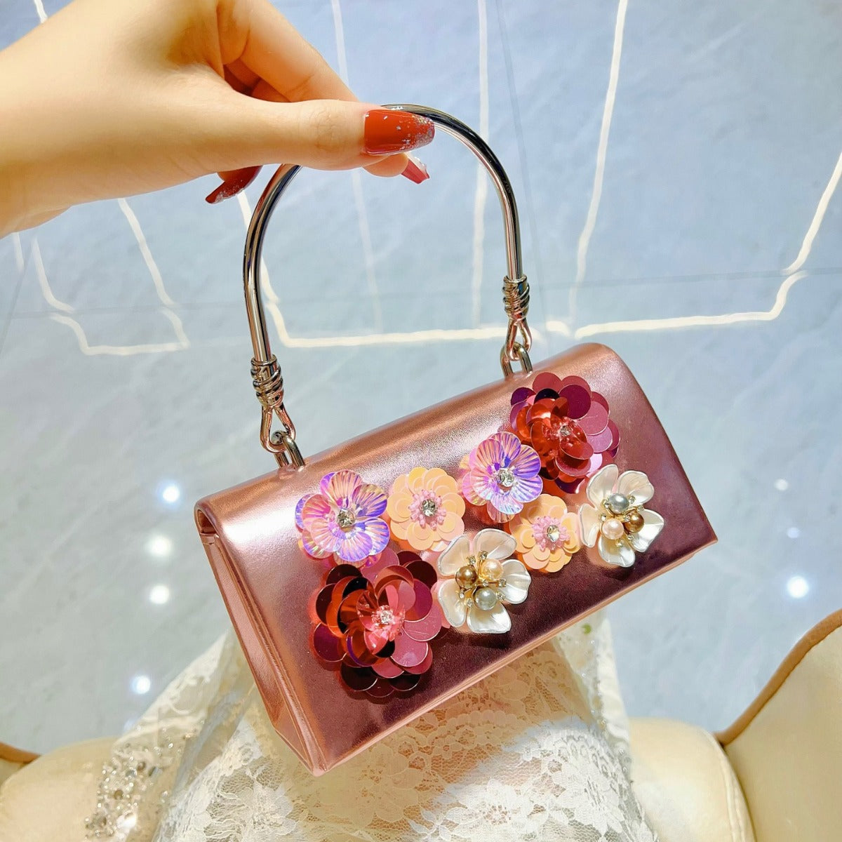 Classic Style Fashion Sequined Flower Banquet Bucket Bags