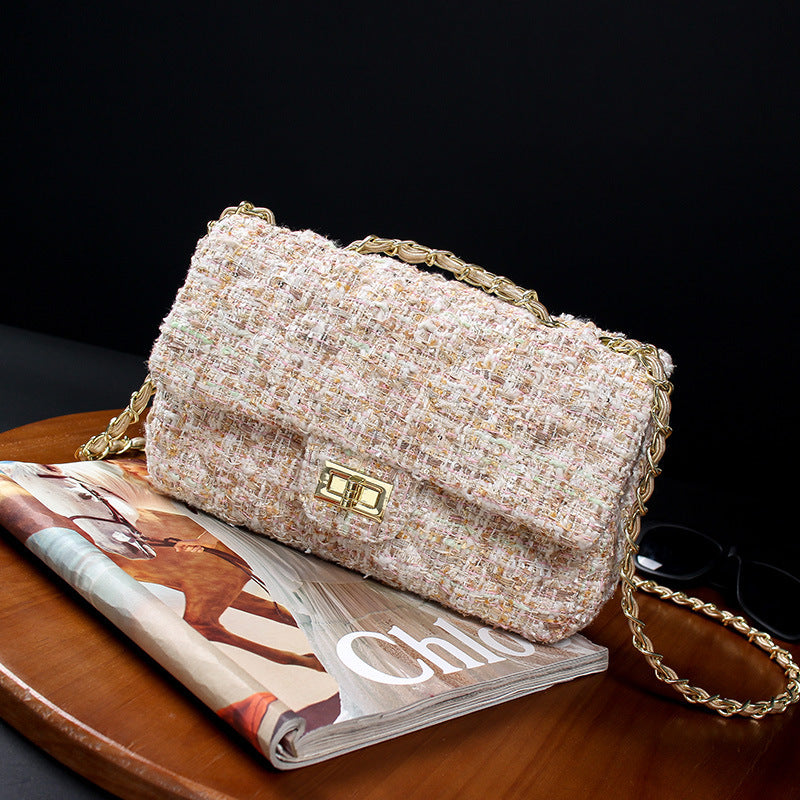 Plaid Colored Wool Classic Style Diamond Chain Crossbody Bags