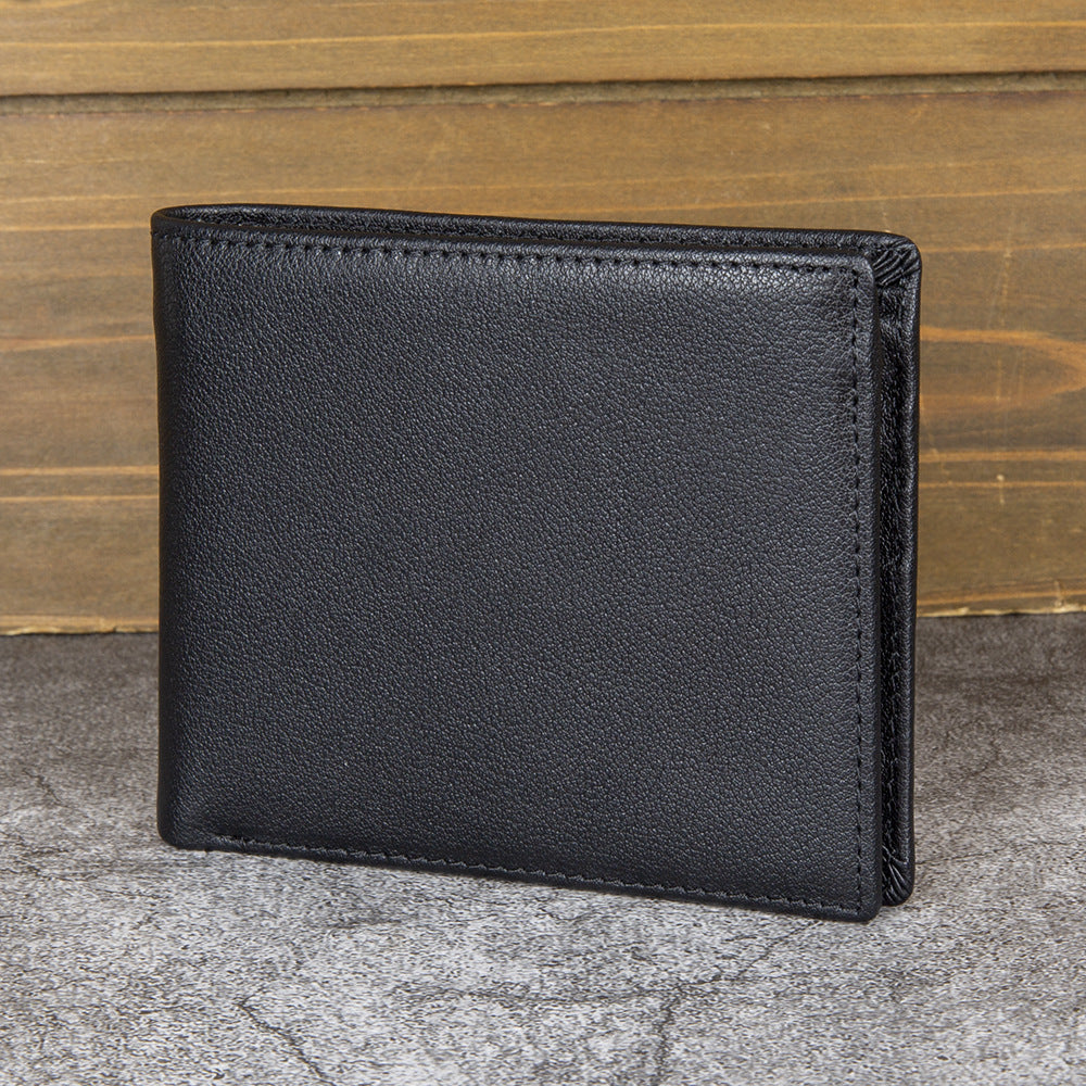 Men's Short Genuine Leather Horizontal Classic Black First Layer Cowhide Men's Wallet