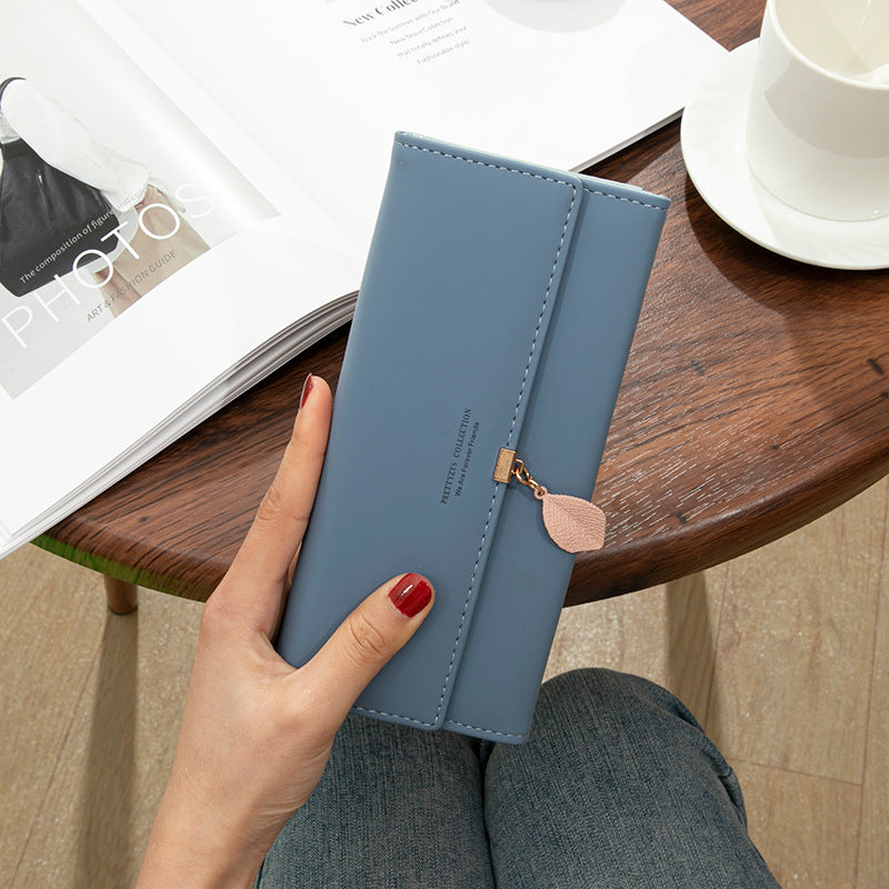 Long Korean Style Leaf Pendant Trifold Ladies Wallet