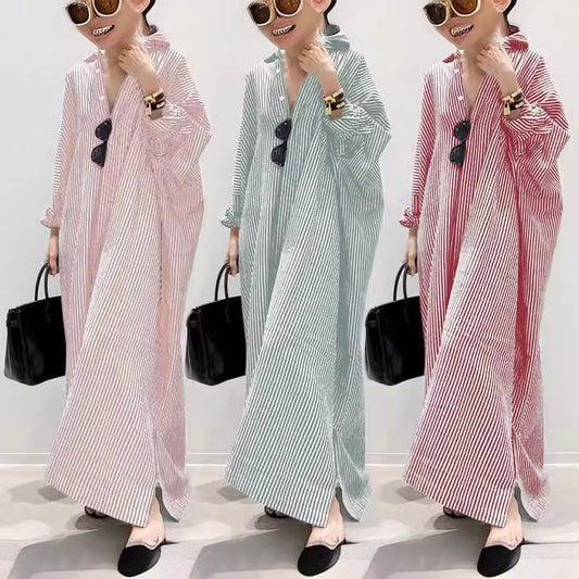 Cotton Linen Stripes Loose Temperament Commuting Dresses