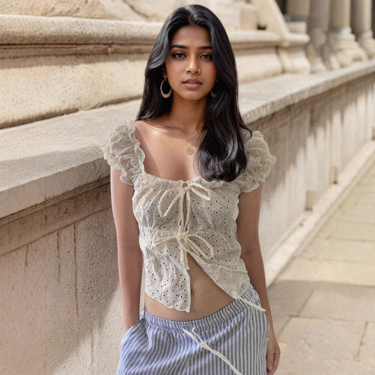 Out Strap Square Collar Puff Sleeve Blouses