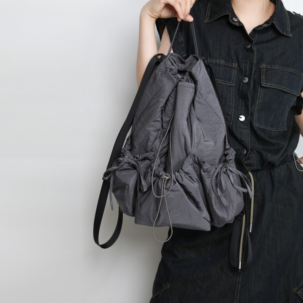 Women's Fashion Drawstring Korean Wrinkled Nylon Lightweight Backpacks