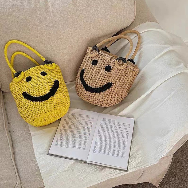 Smiley Straw Summer Woven Vacation Beach Handbags