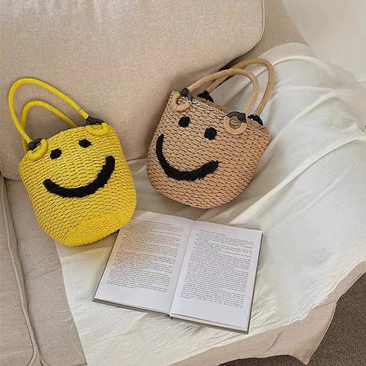 Smiley Straw Summer Woven Vacation Beach Handbags