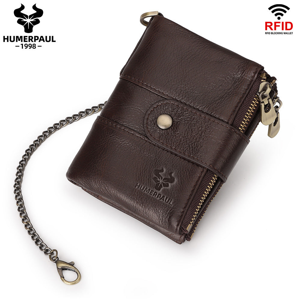 Swiping Genuine Leather Multifunctional Zipper Vintage Men's Wallets
