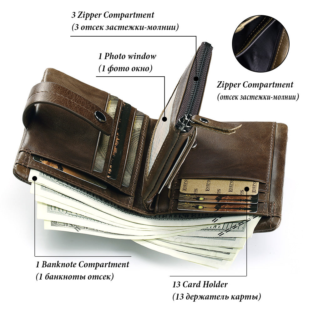 Men's Zipper Pocket First Layer Cowhide Short Purses