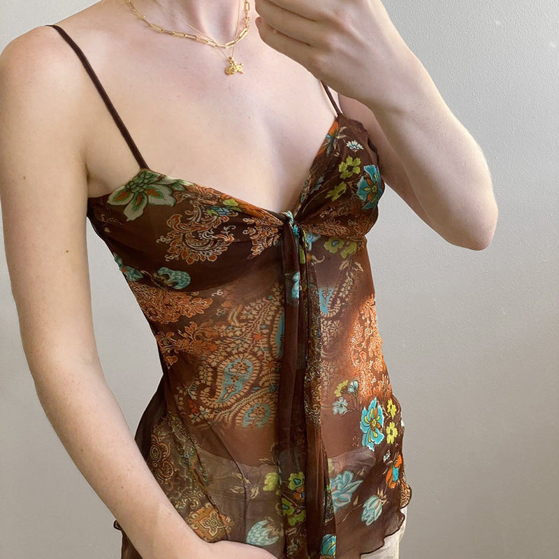 Floral Printed Lace Up Mesh Hot Sexy See-through Tops