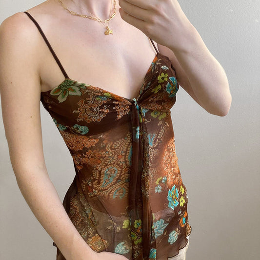 Floral Printed Lace Up Mesh Hot Sexy See-through Tops