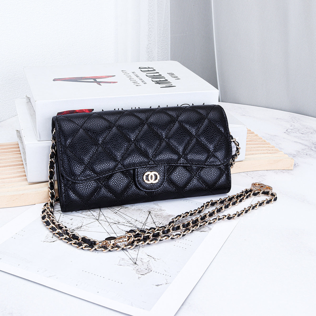 Women's Cowhide Caviar Long Large Capacity Clutch Rhombus Ladies Wallet