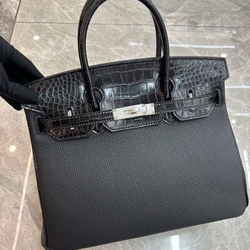 Women's Crocodile Pattern Cow Leather Color Matching Twist Women's Handbag