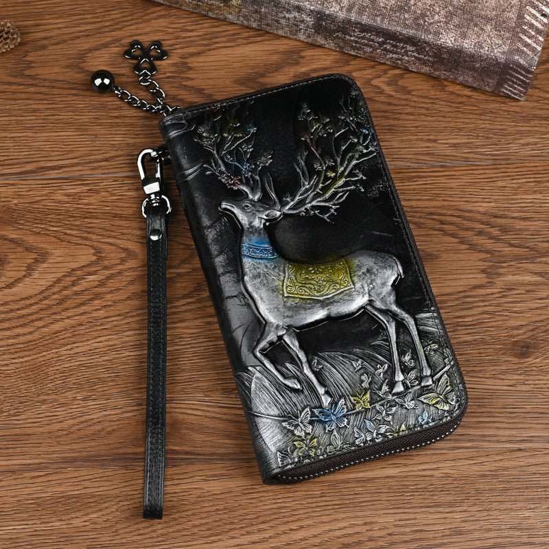 Cowhide Deer Head Embossed Multiple Slots Purses