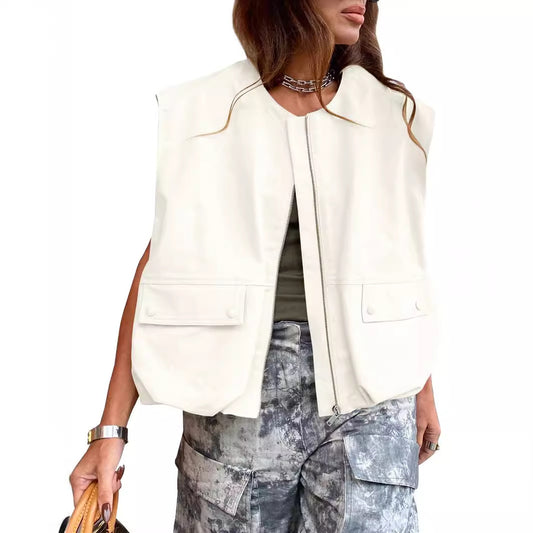 Women's Sleeveless Pocket Loose-fitting Waistcoat Solid Color Cardigans