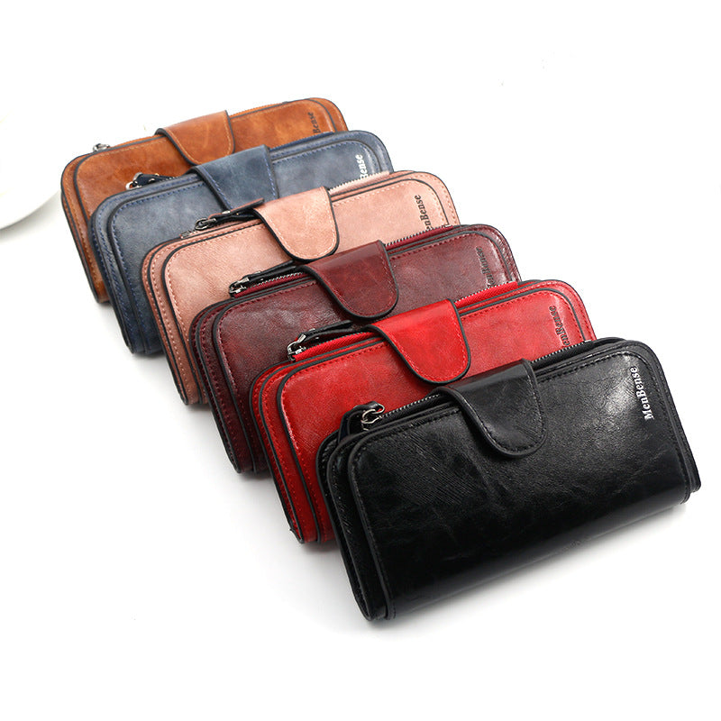 Women's Retro Oil Wax Skin Long Clutch Purses