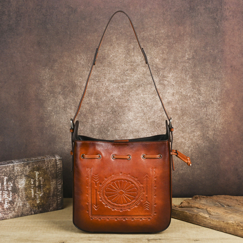 Women's Layer Cowhide Large Capacity Embossed Hand-rub Color Bags