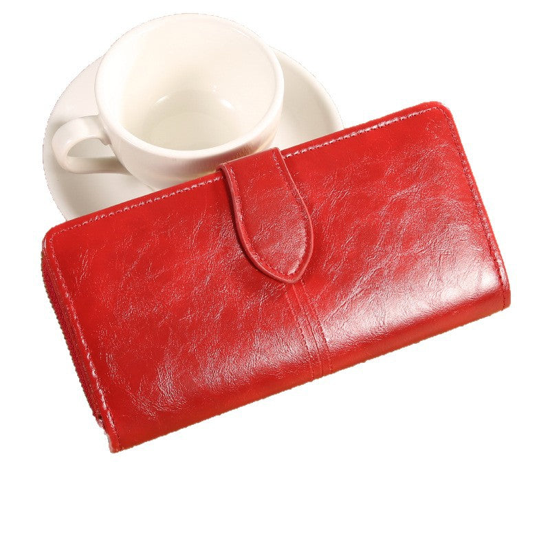 Women's Oil Wax Leather Long Zipper Large Ladies Wallet