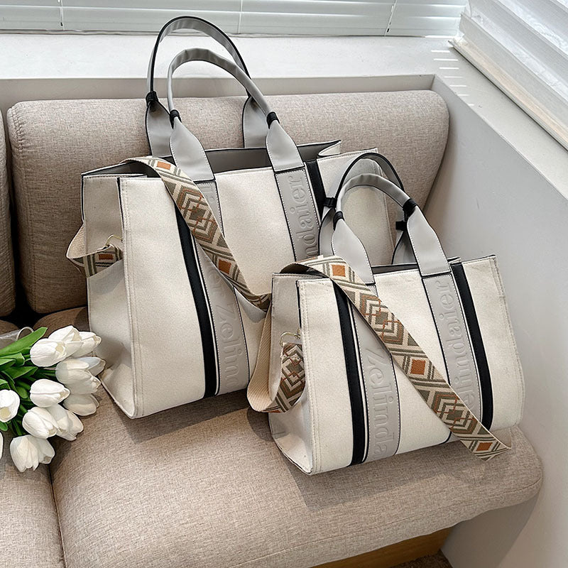 Women's Canvas Contrast Color Large Capacity Fashionable Tote Bags