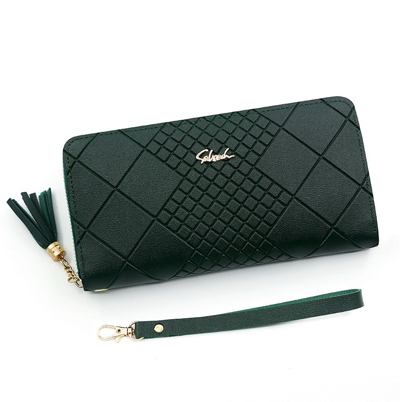 Women's Long Portable Mobile Simple Embossed Tassel Bags