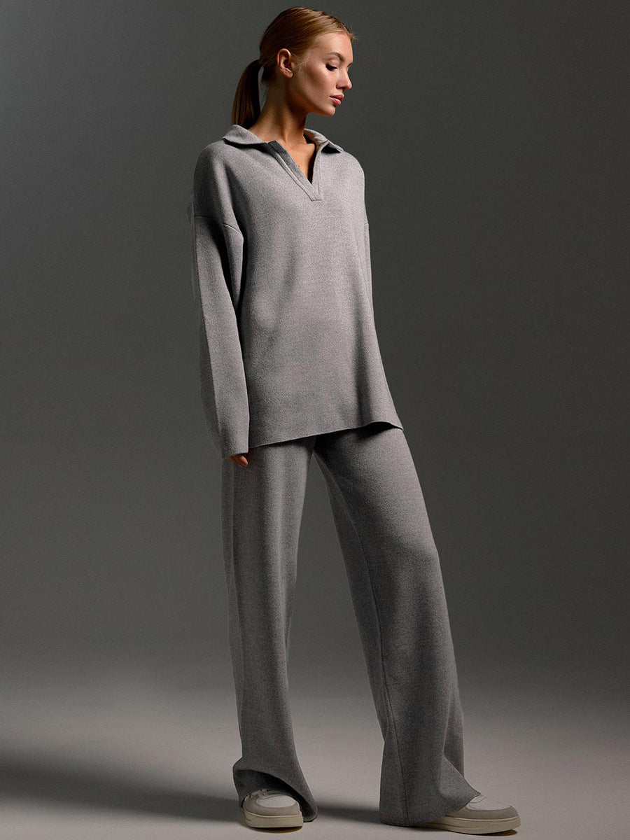 Solid Color Polo Collar Knitted Straight Wide Leg Sweaters