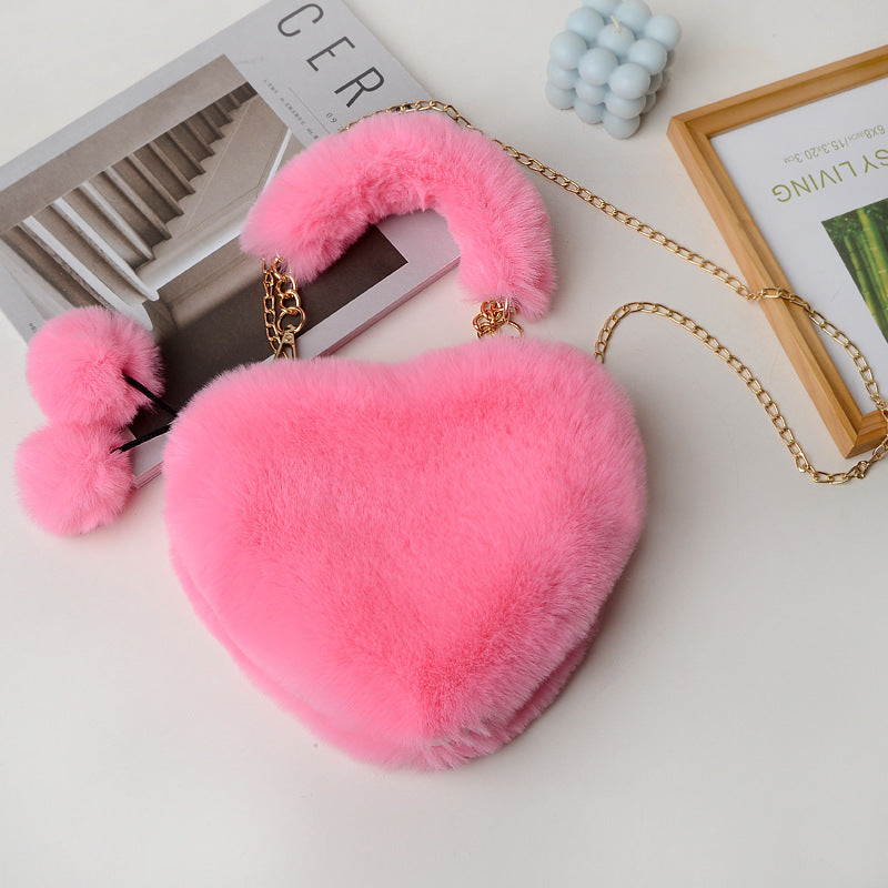 Women's Plush Heart Chain Portable Imitation Rabbit Fur Women's Shoulder Bag