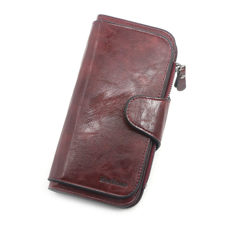 Women's Retro Oil Wax Skin Long Clutch Purses
