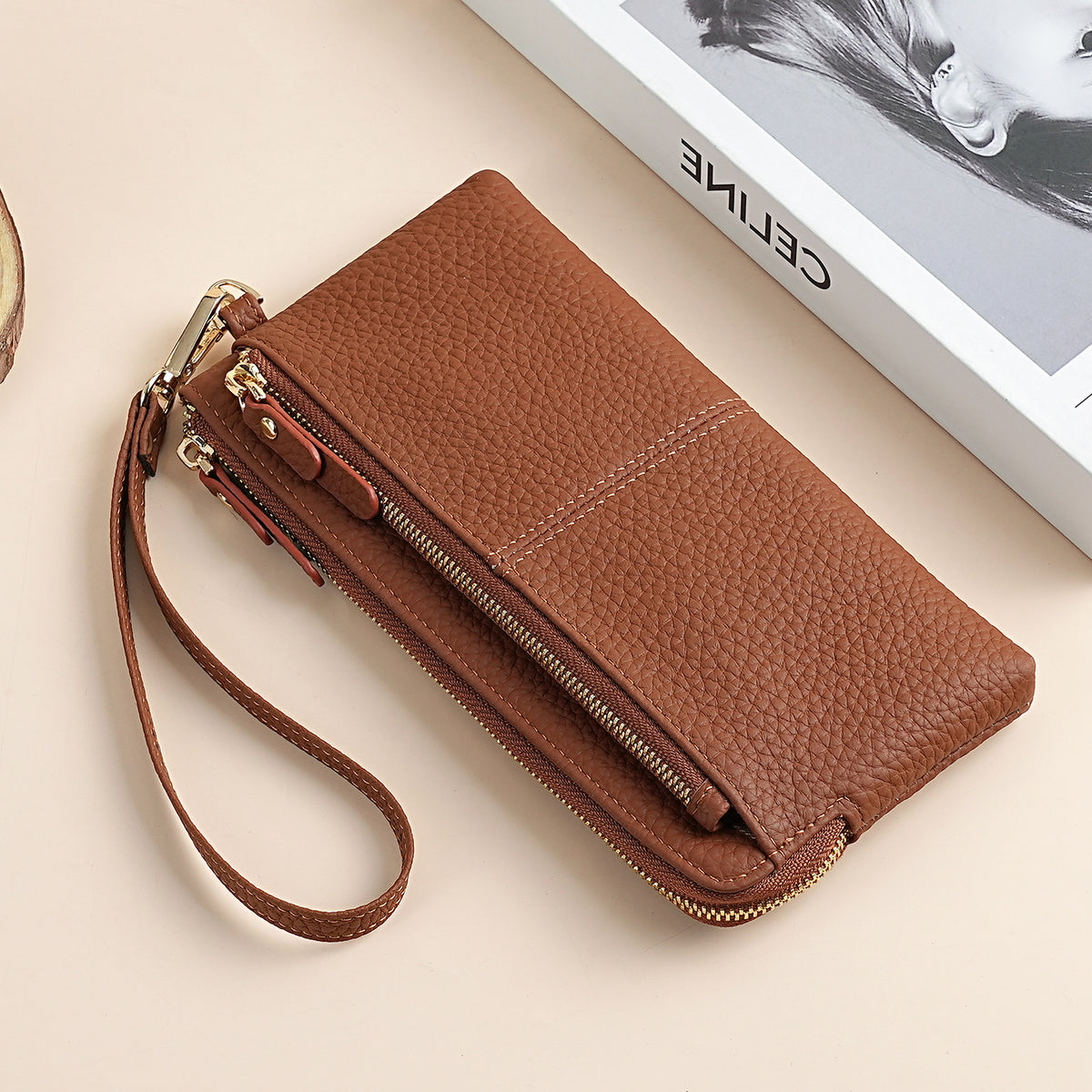 Women's Detachable Wrist Strap Long Genuine Leather Multifunctional Mobile Three Layers Handbags