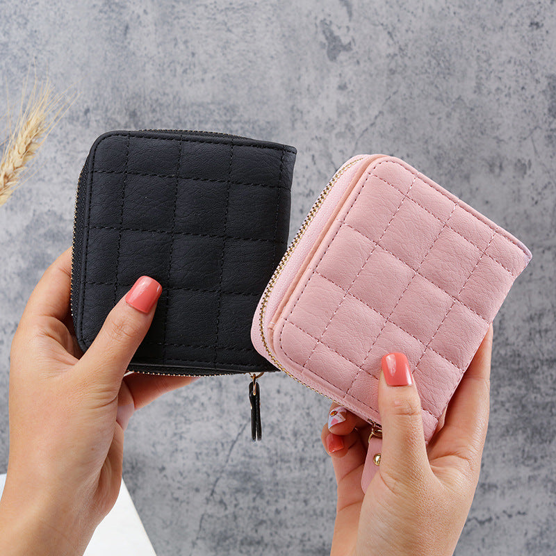 Women's Short Korean Multiple Slots Zipper Hasp Plaid Coin Purses