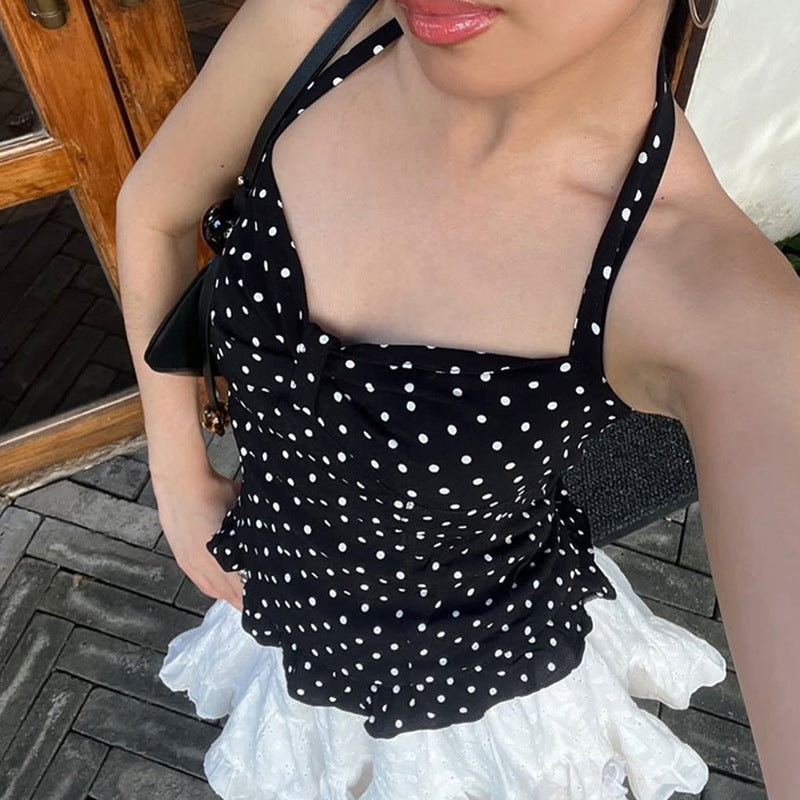 Vacation Style Contrast Color Polka Dot Wooden Ear Female Tops