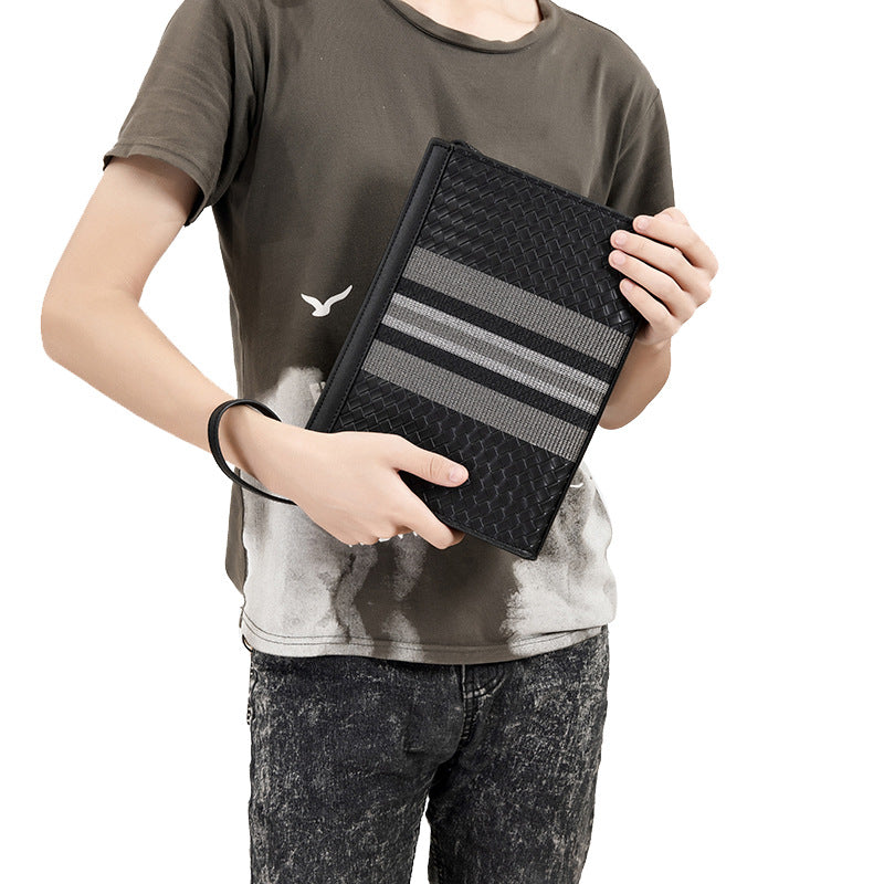 Men's Embroidered Striped Woven Green Envelope Large Men's Handbags