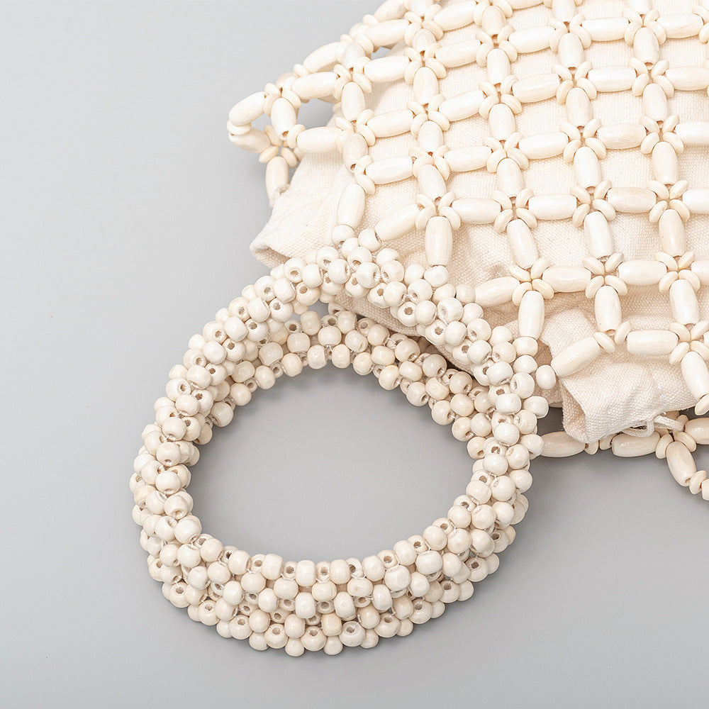 Women's Contrast Color Woven Commute Wooden Bead Shoulder Bags