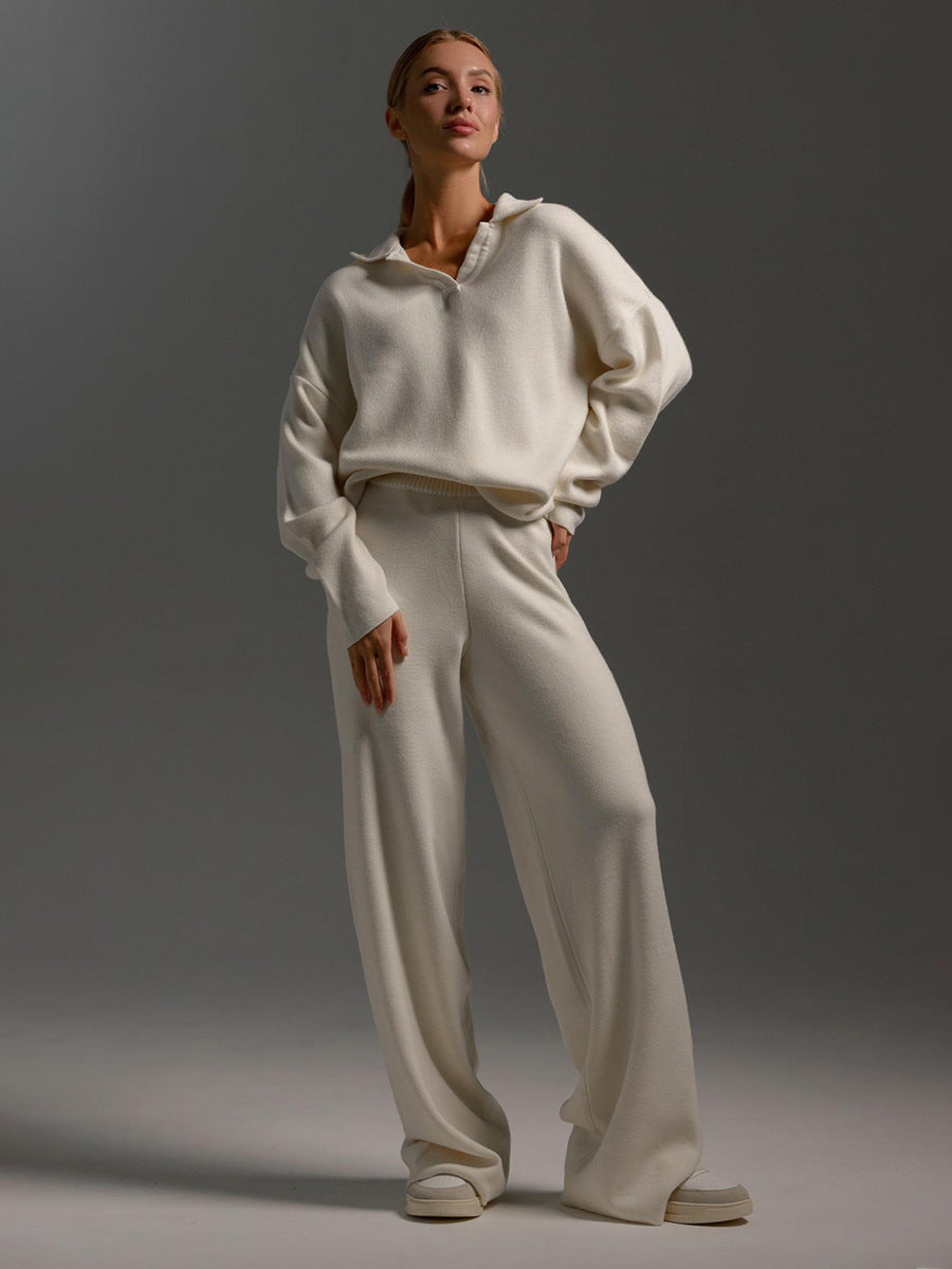 Solid Color Polo Collar Knitted Straight Wide Leg Sweaters