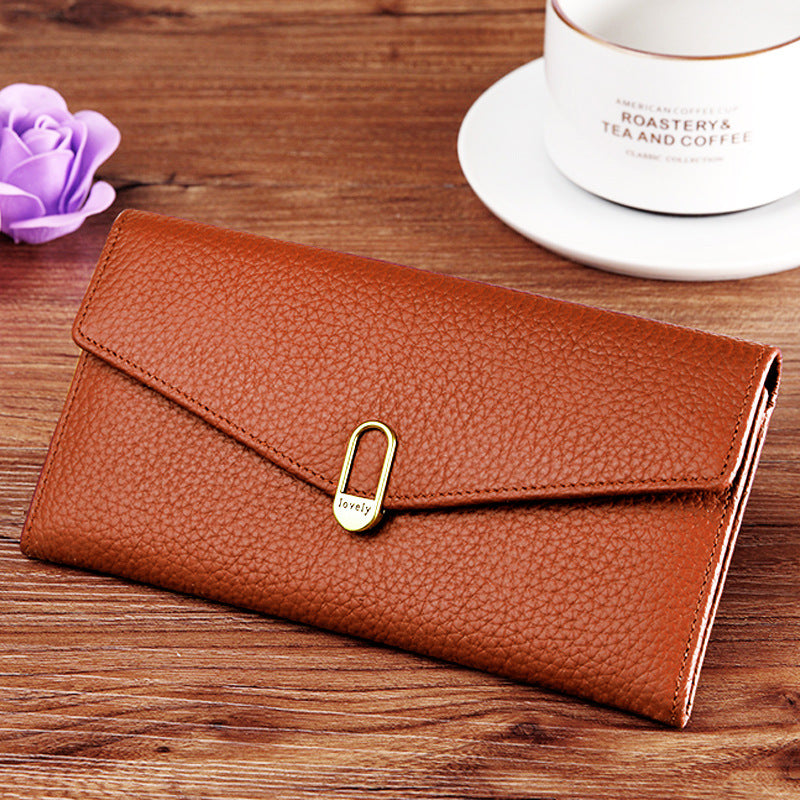 Women's Yellow Long Lucky First Layer Cowhide Ladies Wallet
