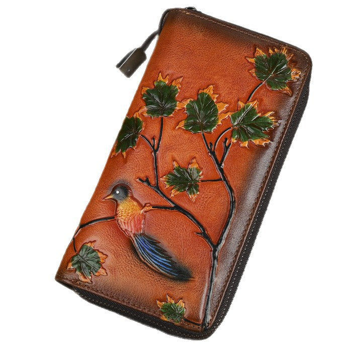 Women's Tanned Leather Long Embossed Swiping Clutch Fashion Ladies Wallet