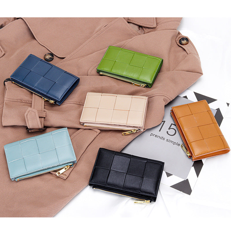 Women's Medium Style Fashion Sheepskin Handmade Large Woven Multiple Slots Ladies Wallet