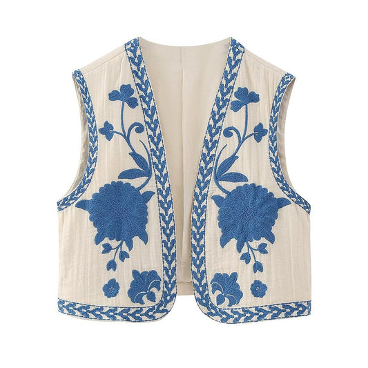 Women's Embroidered Light Blue Fashion Outer Wear Vests
