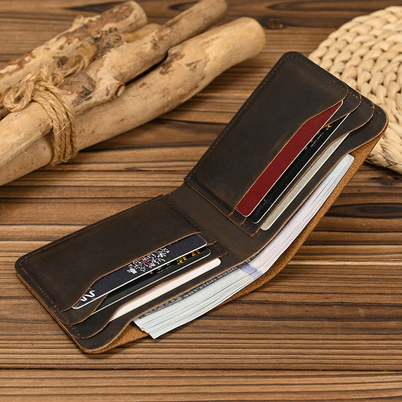Men's Short Genuine Leather Simple Crazy Horse Clamp Retro Card Holder