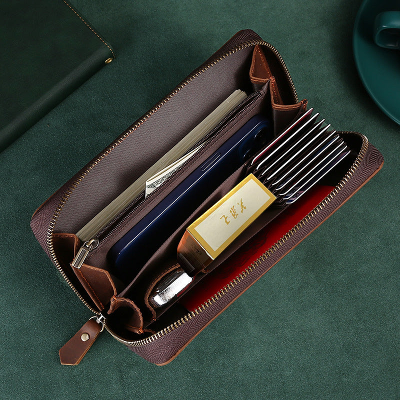 Men's Capacity Genuine Leather Clutch Crazy Horse Cigarette Mobile Men's Handbags