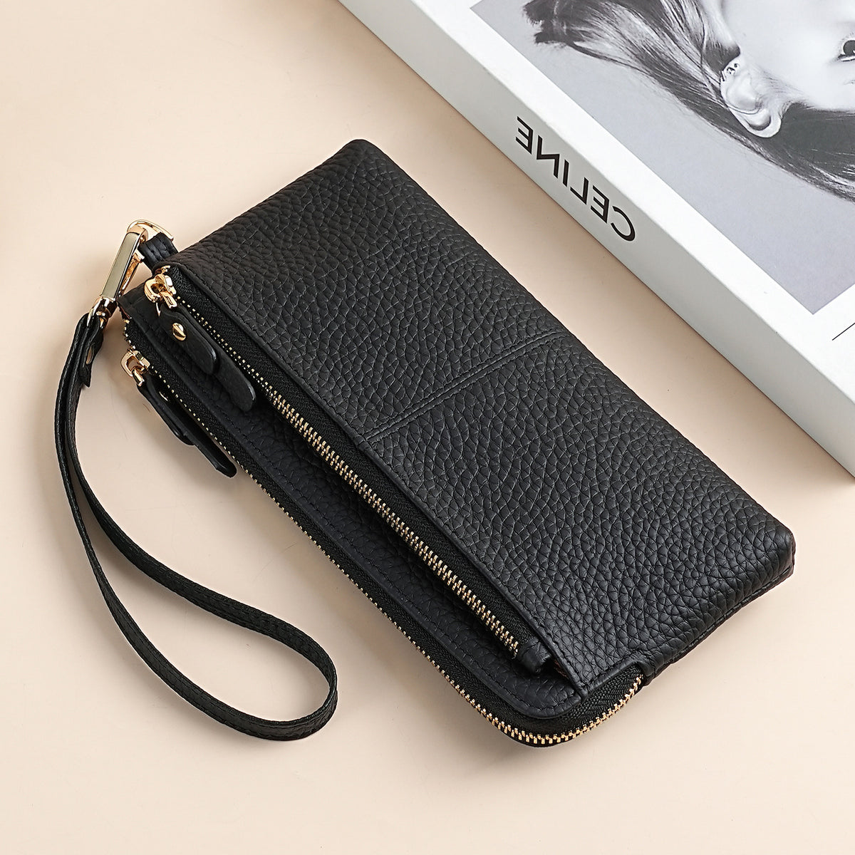 Women's Detachable Wrist Strap Long Genuine Leather Multifunctional Mobile Three Layers Handbags