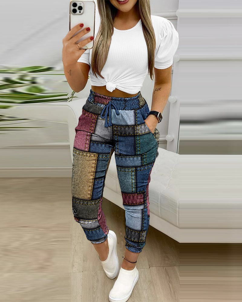 Women's Two-piece Short-sleeved Commuter Printed Drawstring Trousers Suits