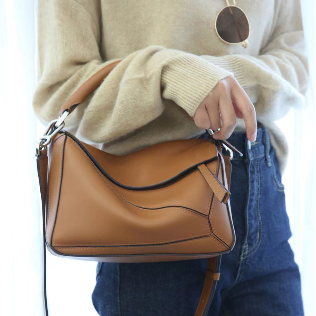 Women's Genuine Leather Portable Stitching Soft Pillow Bags