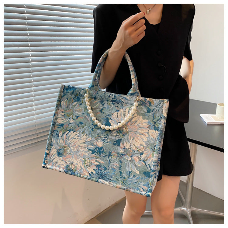 Garden Oil Painting Female Fashion Large Capacity Pearl Shoulder Bags