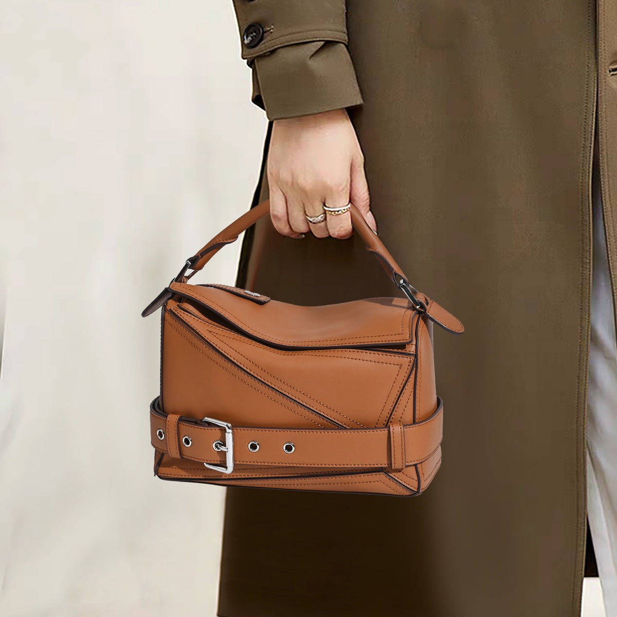 Women's Autumn First Layer Cowhide Geometric Motorcycle Genuine Leather Large Women's Handbag