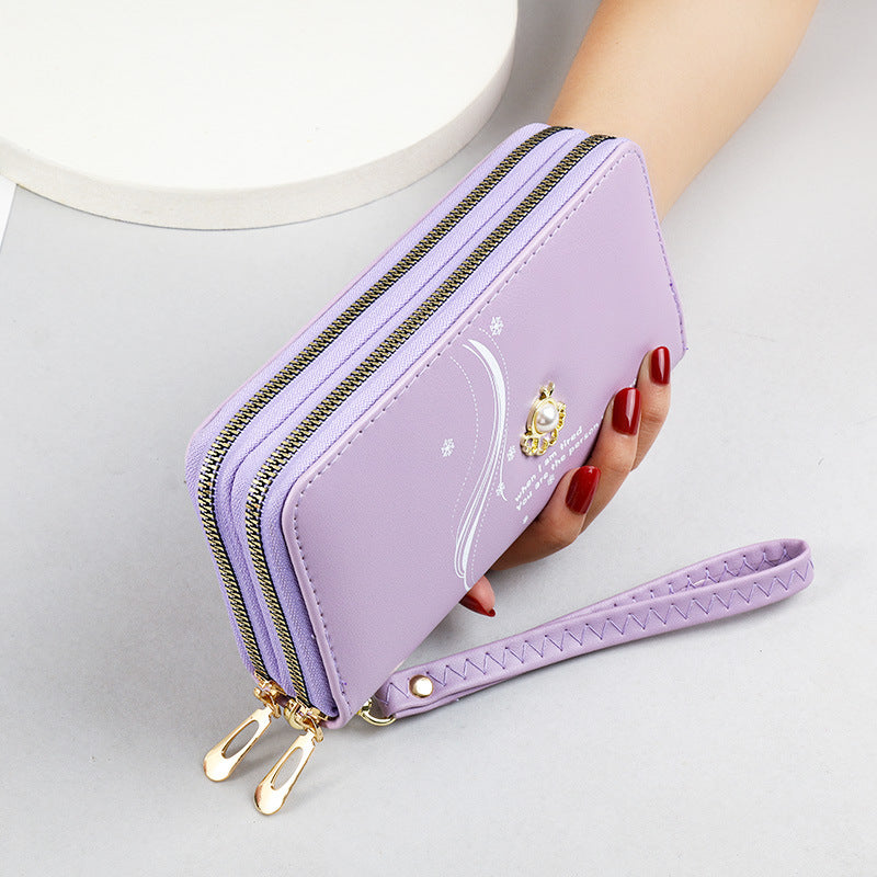 Women's Layer Zipper Long Wrist Clutch Pearl Ladies Wallet
