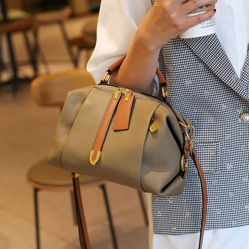 Women's Genuine Leather First Layer Contrast Color Handbags