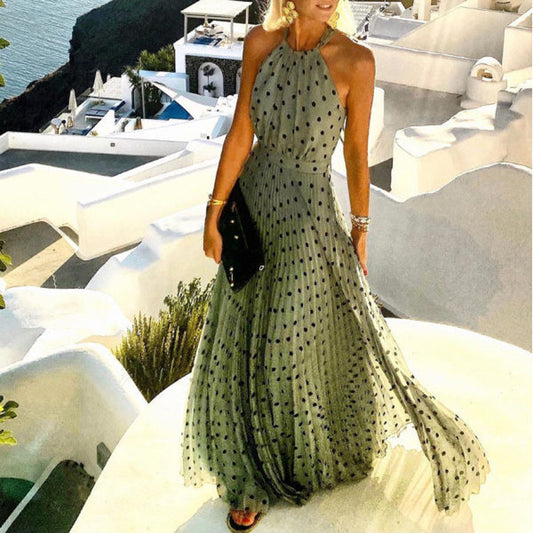 Women's Round Neck Sleeveless Printed Pleated Dress Dresses