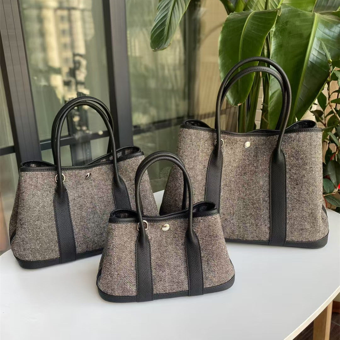 Women's Woolen Linen With Genuine Leather Top Layer Cowhide Women's Handbag