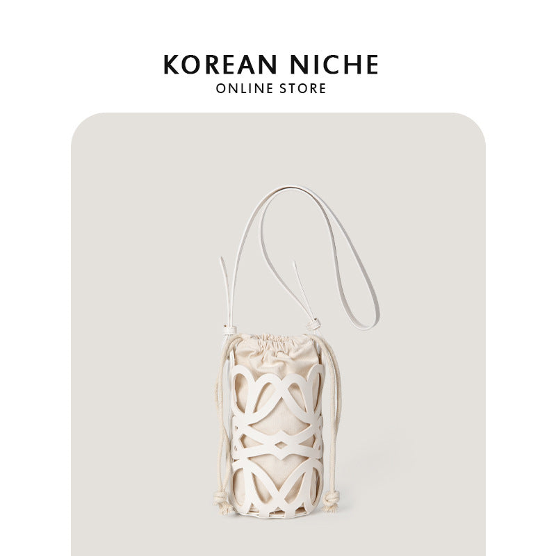 Women's Design Hollow Drawstring Canvas Cylindrical Pouch Crossbody Bags