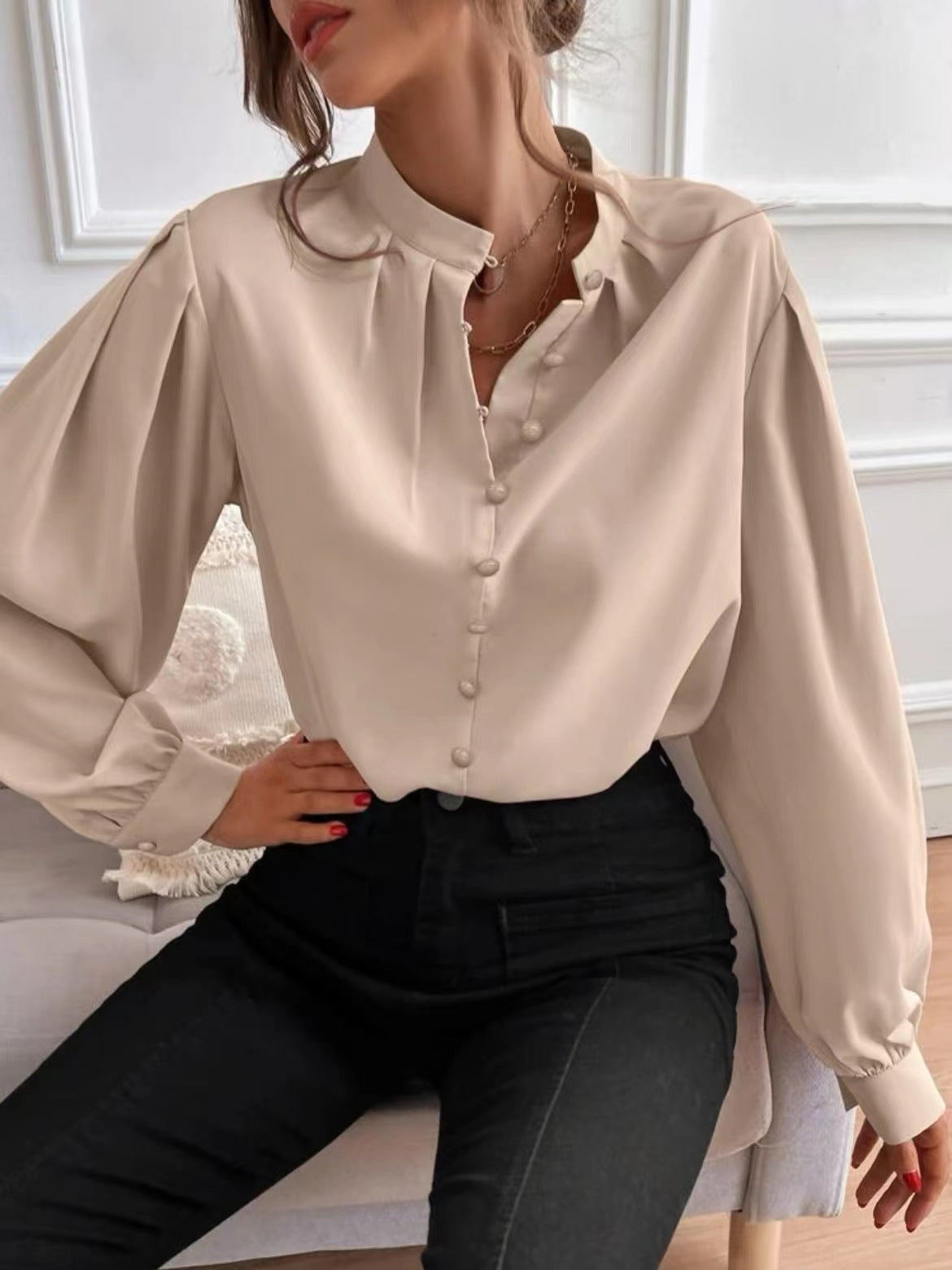 Women's Spring Elegant Solid Color Lapel Long Sleeve Blouses