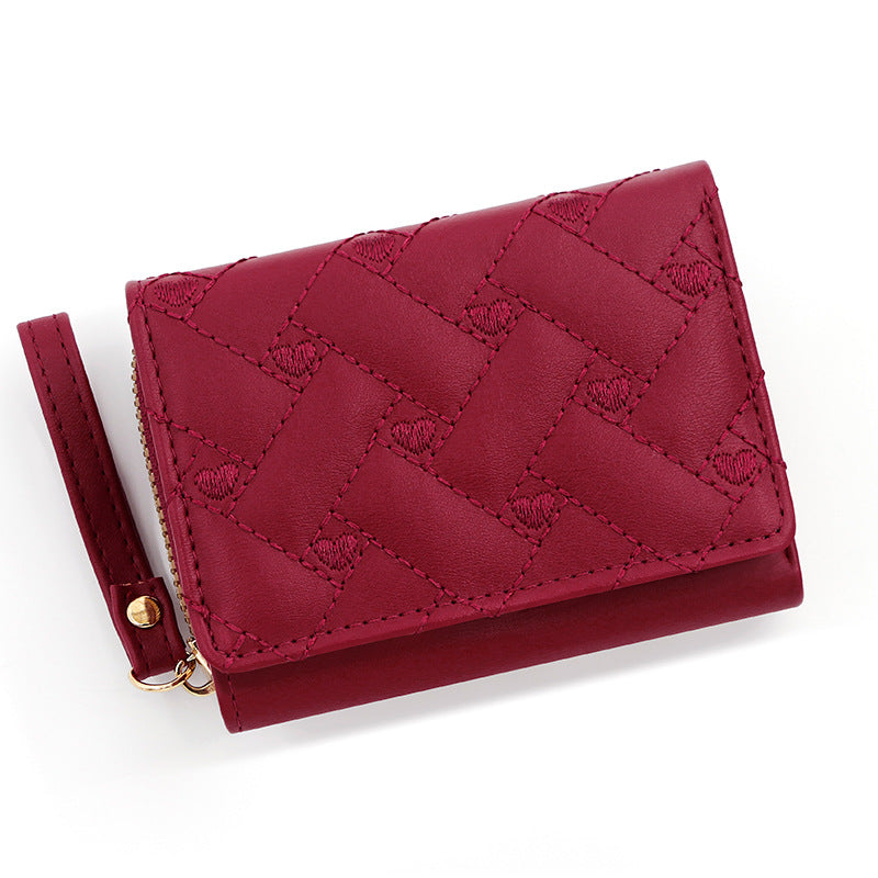 Women's Short Chic Embroidered Love Female Tri Fold Multiple Ladies Wallet