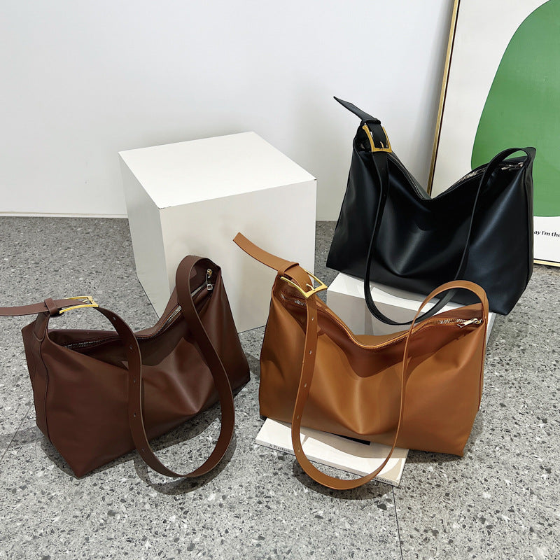 Women's Retro Solid Color Soft Texture Commuting Large Women's Shoulder Bag